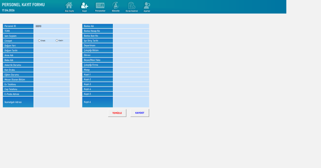 Excel Personel Kayıt Programı 2026 Personel Kayıt Programı 2