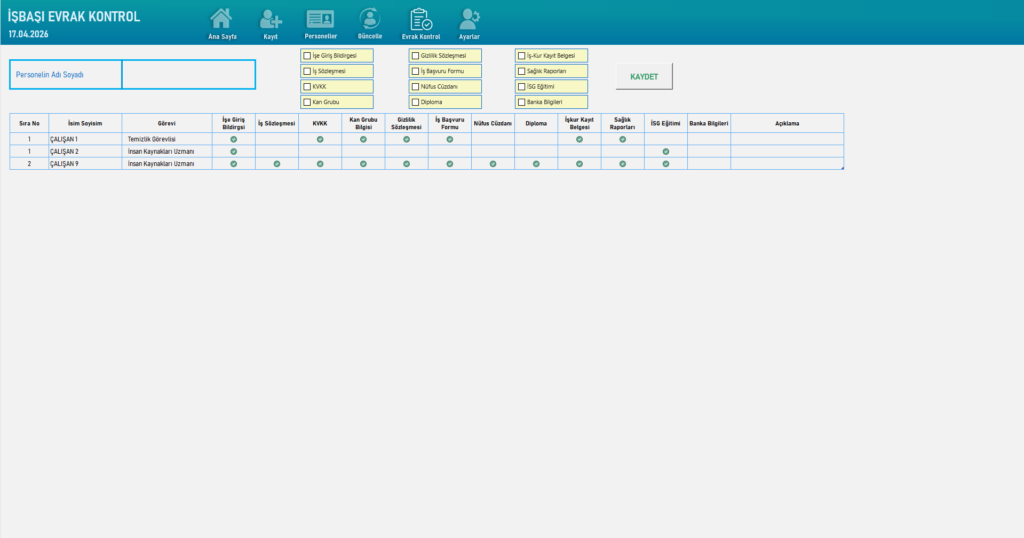 Excel Personel Kayıt Programı 2026 Personel Kayıt Programı 5